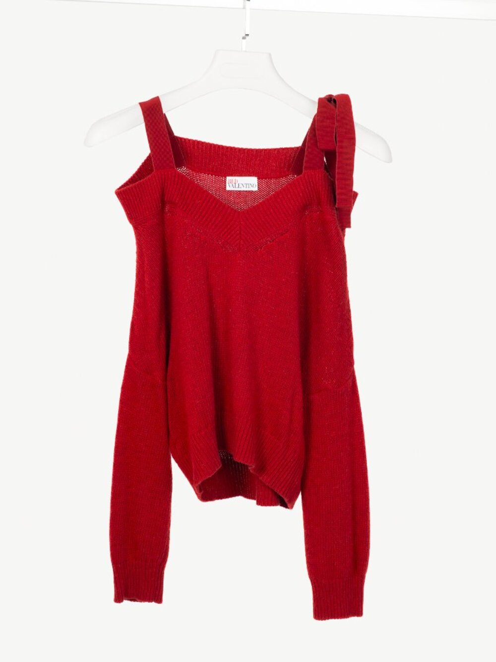 Red Valentino Red Wool-Knit Bow Off-Shoulder Sweater